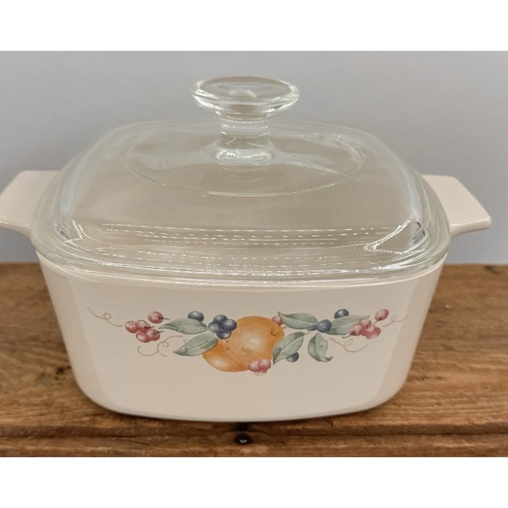 Corning Ware Beige Fruit Garland 4pc Set A-1-B + 2 A-1 1/2-B + Pyrex Lid VTG